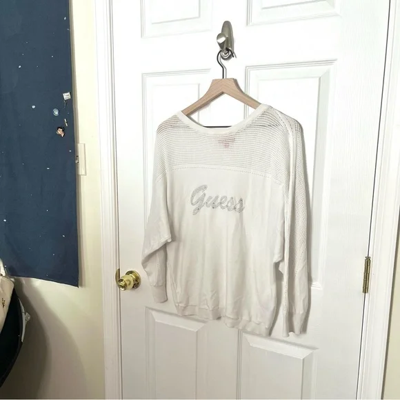 ✧・゚guess bedazzled logo white sweater - Picture 1 of 6